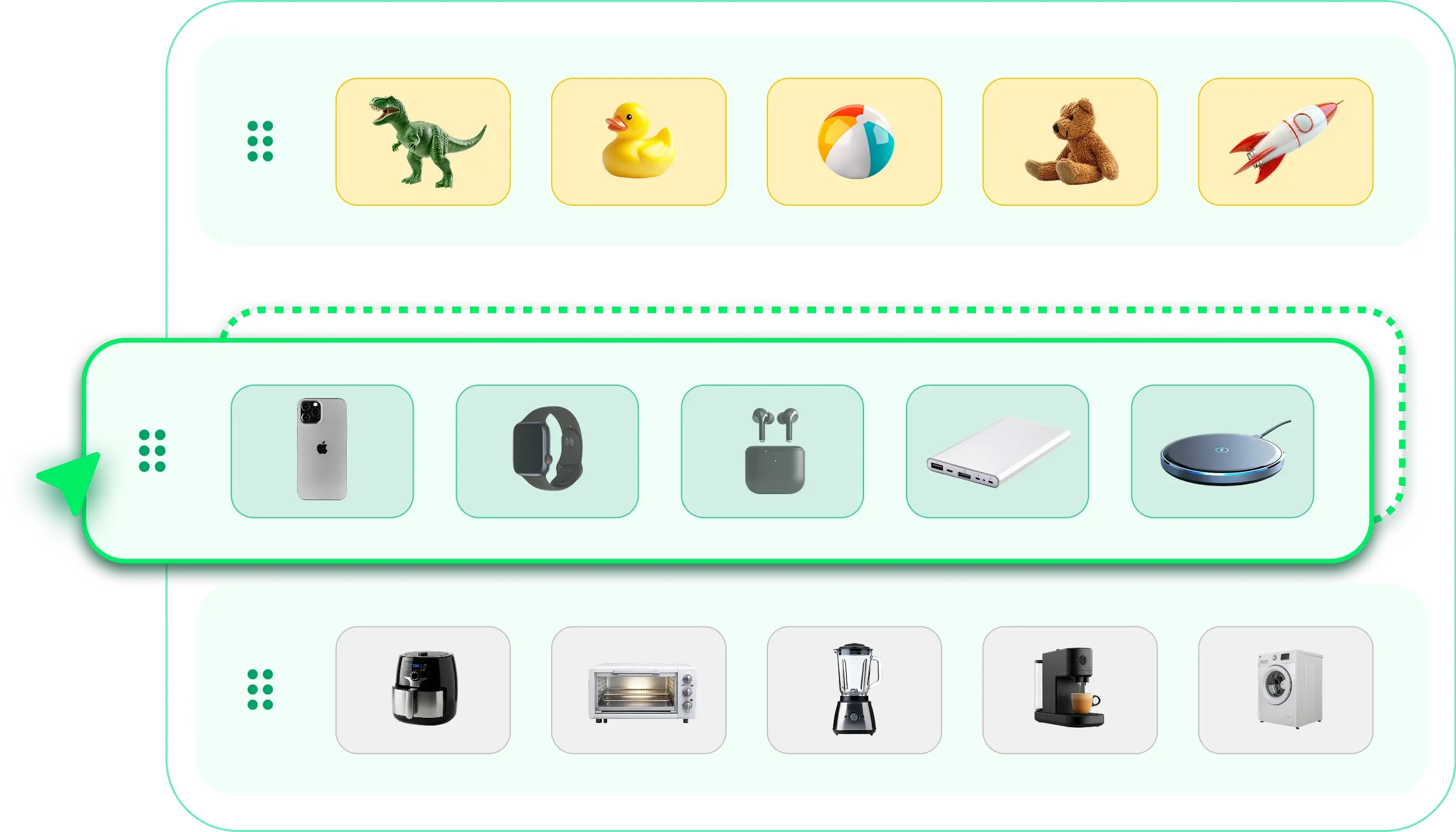 Drag-and-drop interaction shown between rows of toy, tech gadget, and kitchen appliance icons.