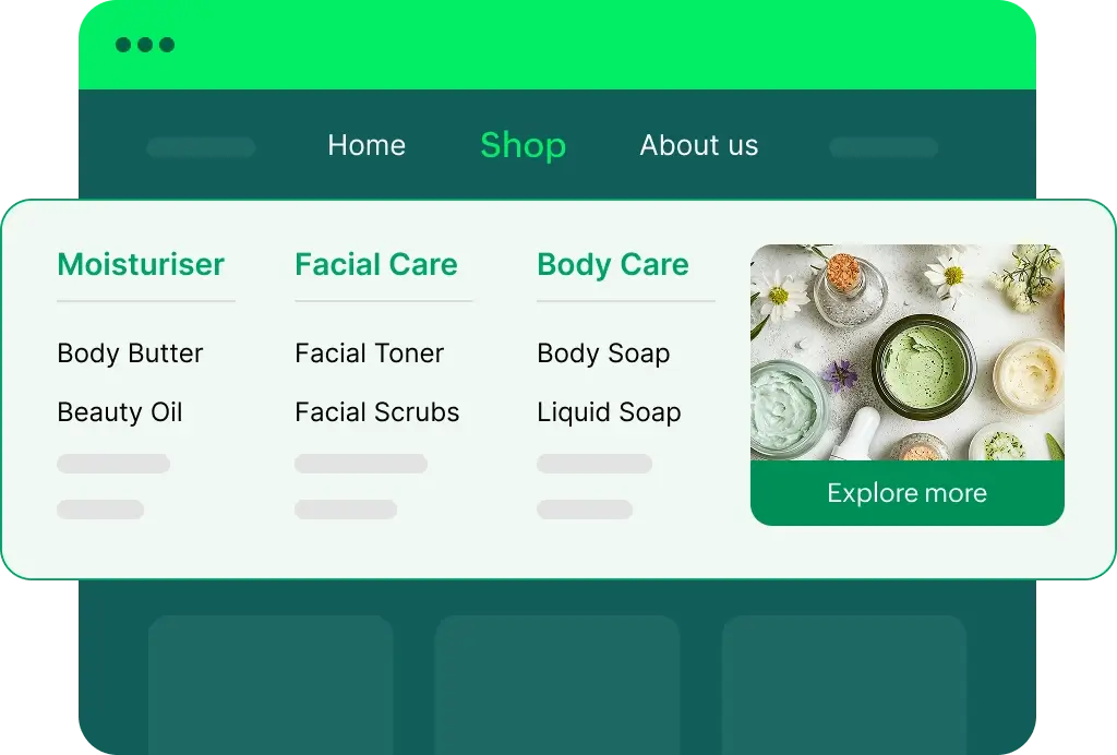 Mega menu enabling one stop browsing across the store.