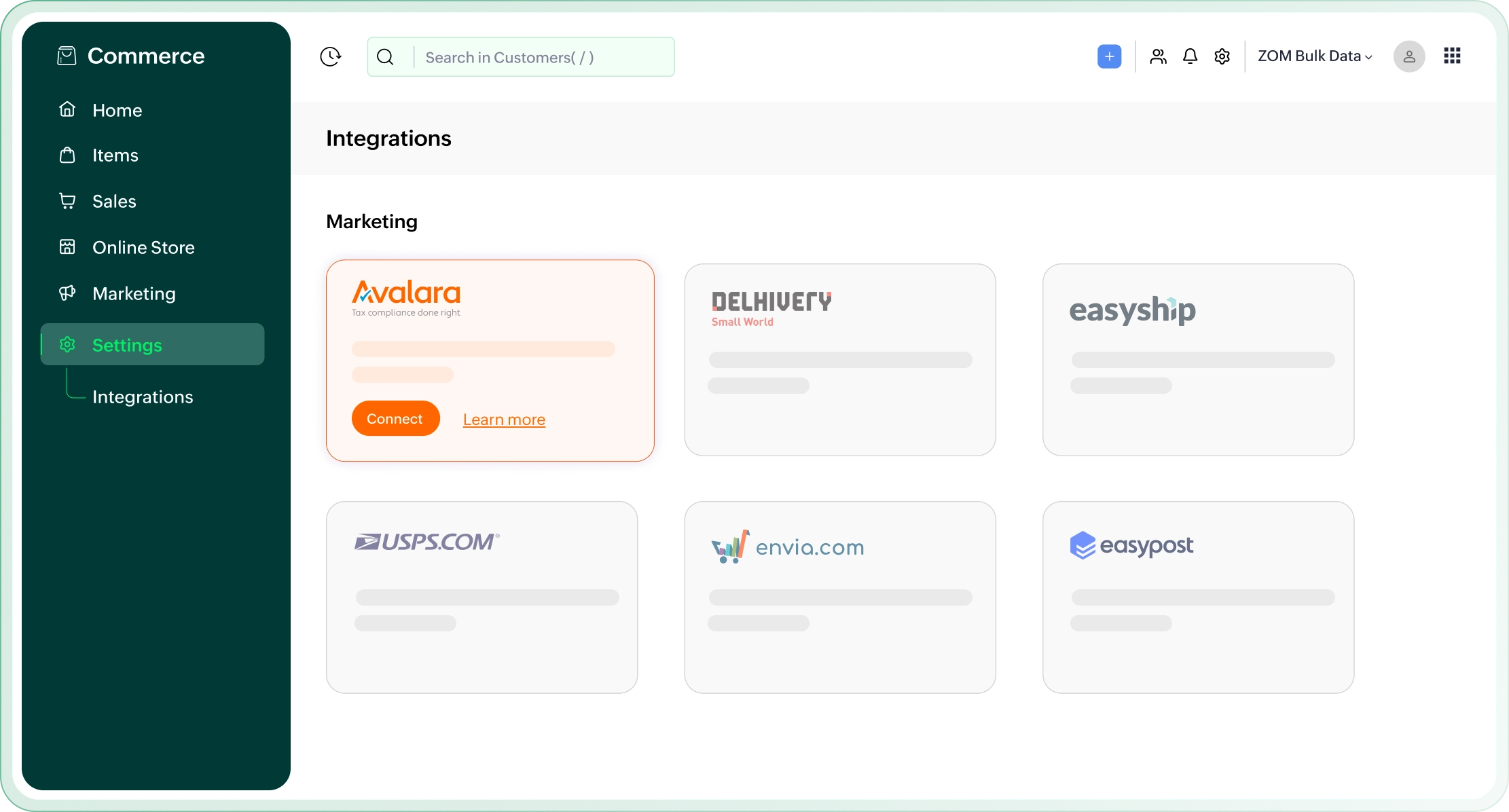 Zoho Commerce and Avalara integration dashboard
