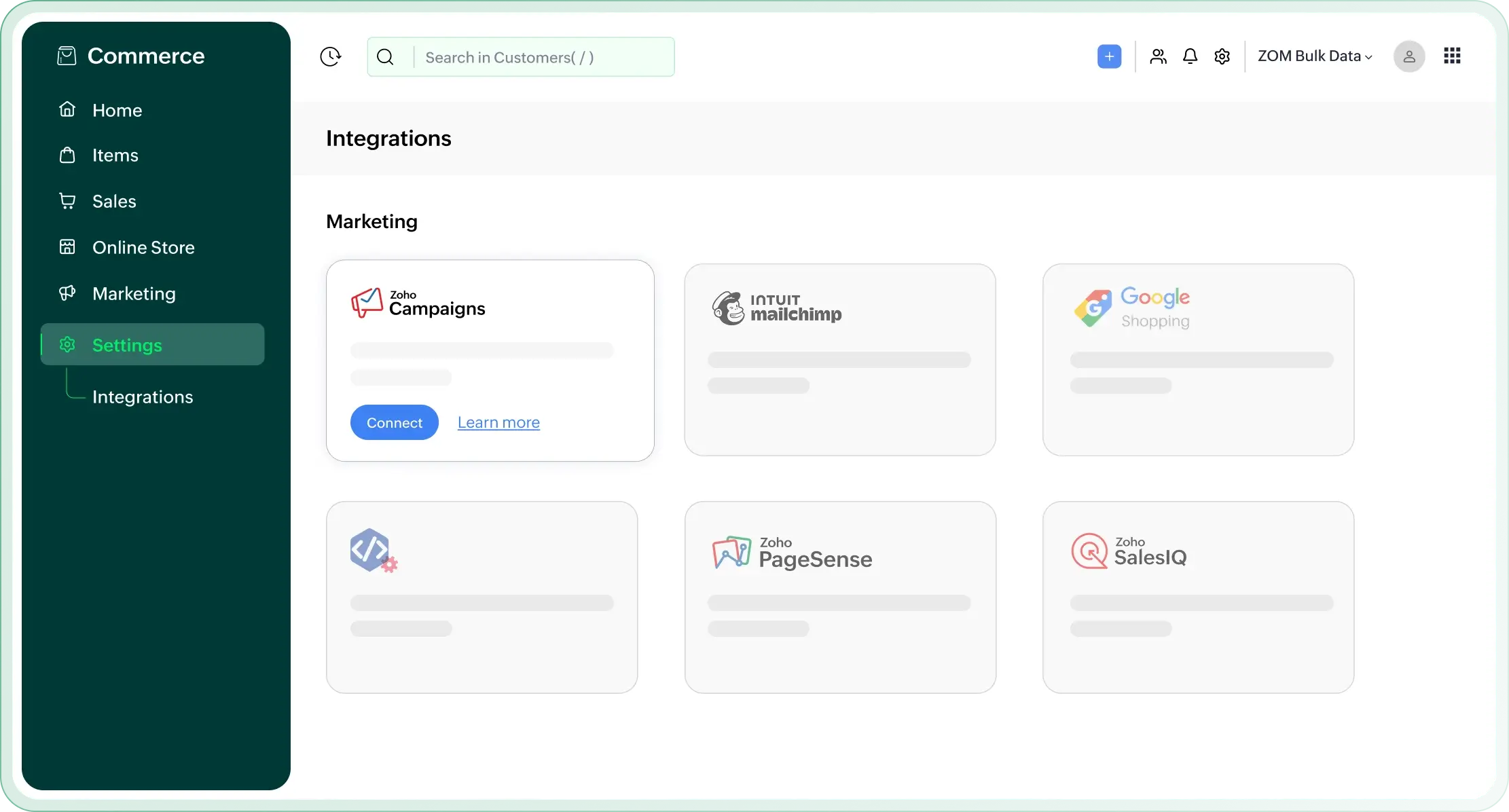 Zoho Commerce and Zoho Campaigns integration dashboard