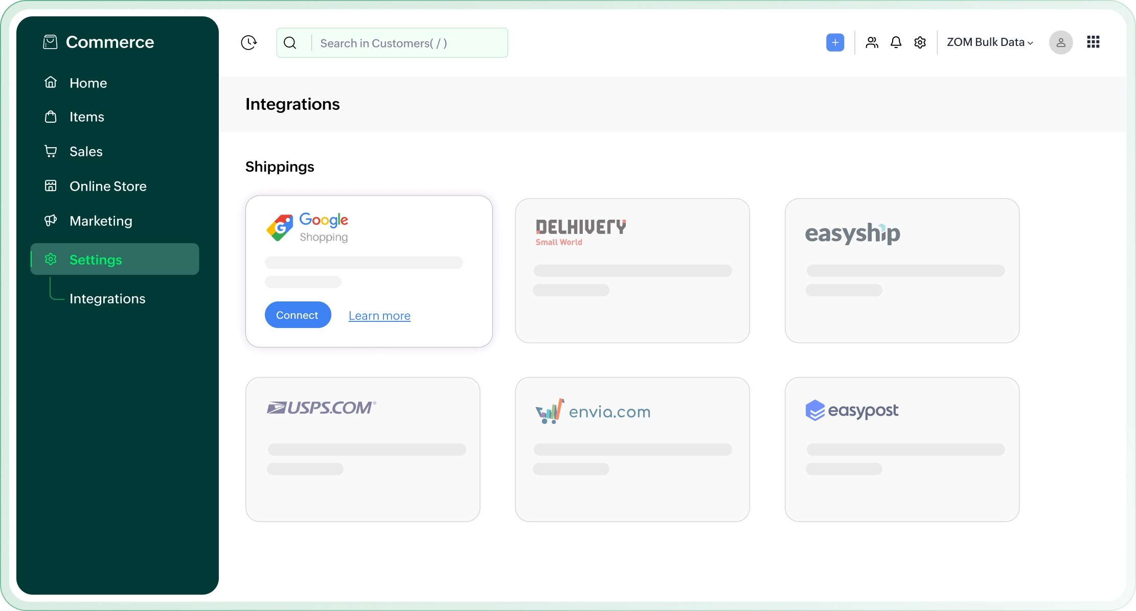 Zoho Commerce and Google Shopping integration dashboard