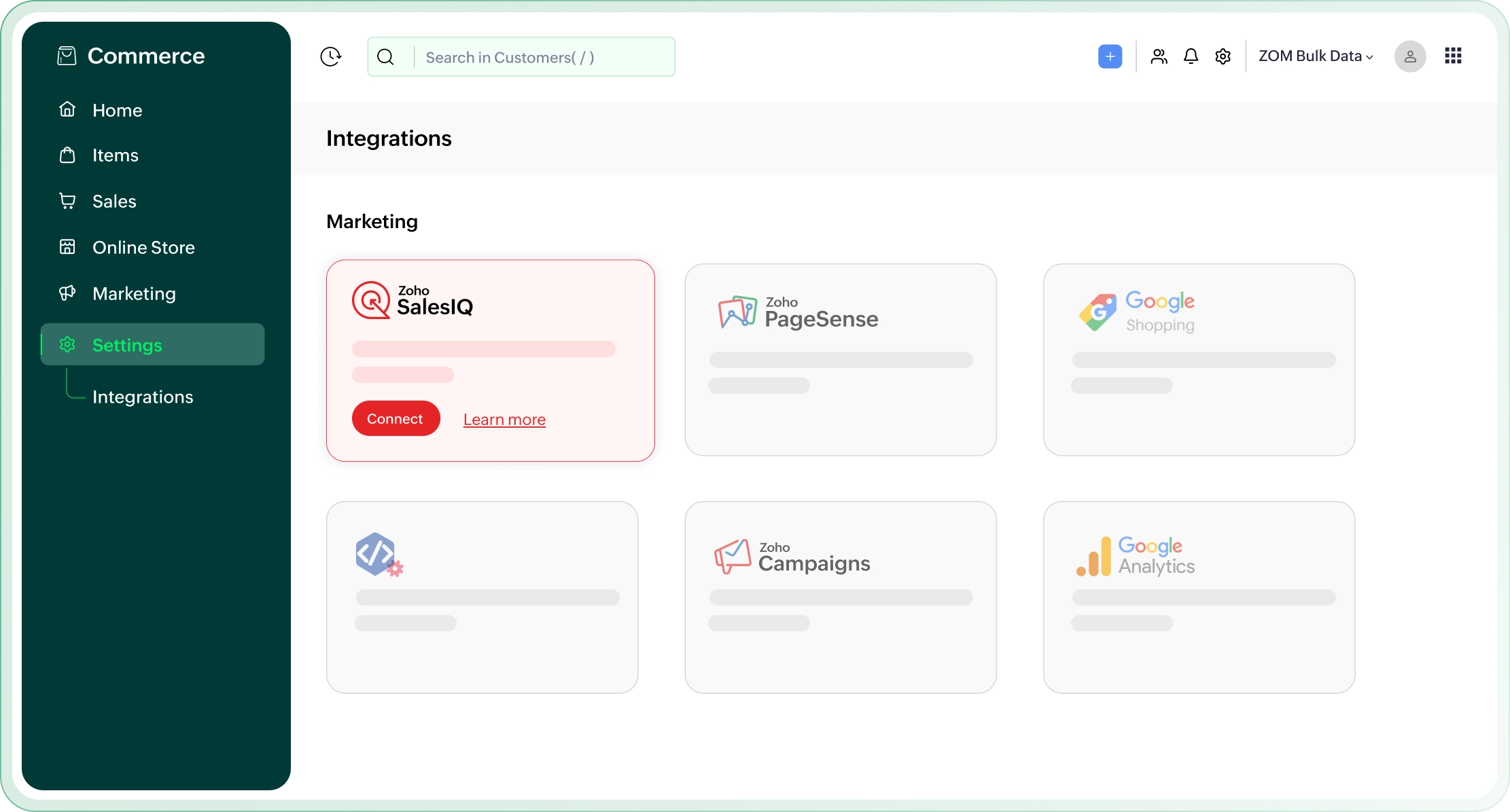 Zoho Commerce and Zoho SalesIQ integration dashboard