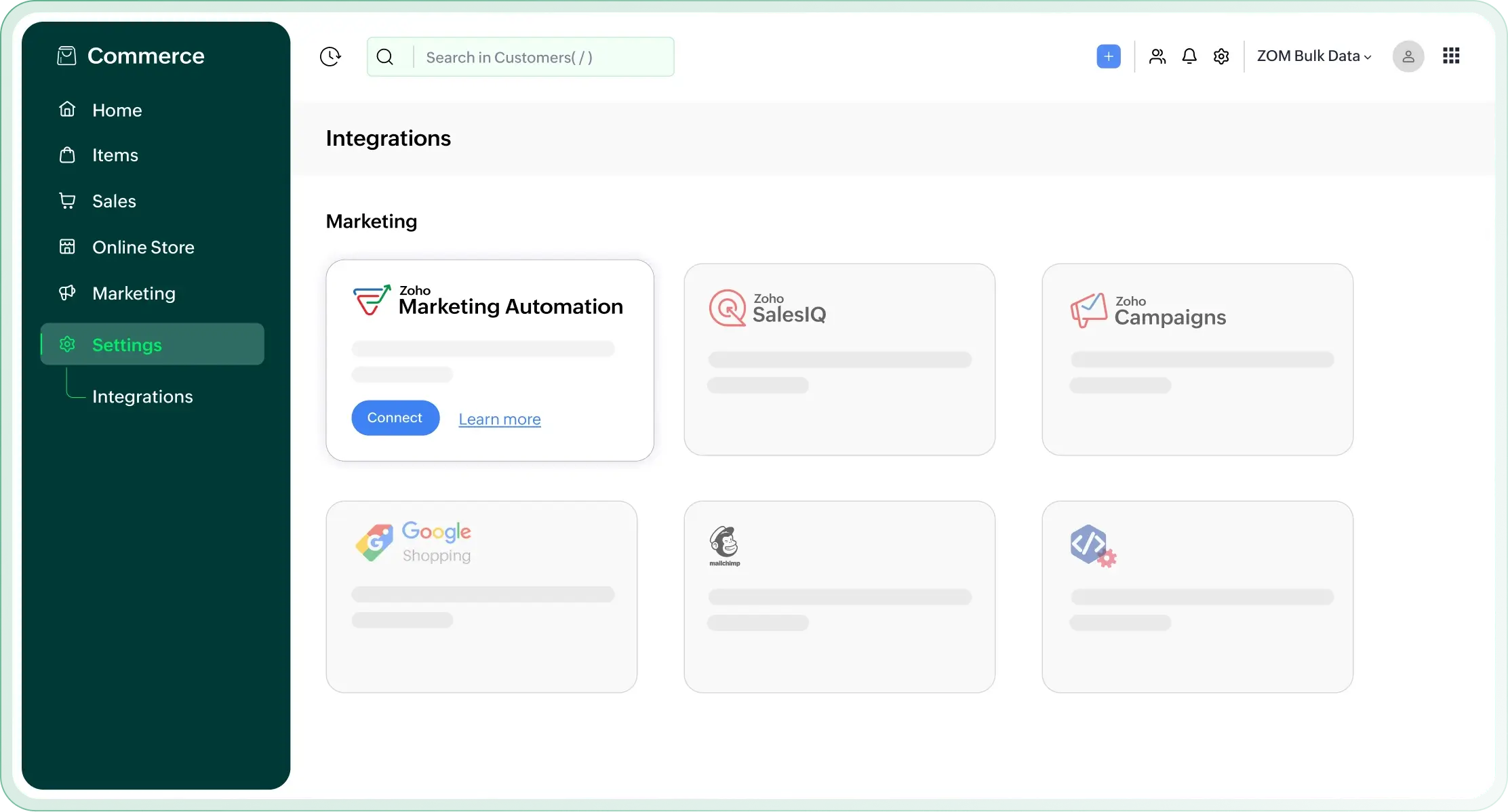 Zoho Commerce and Zoho Marketing Automation integration dashboard
