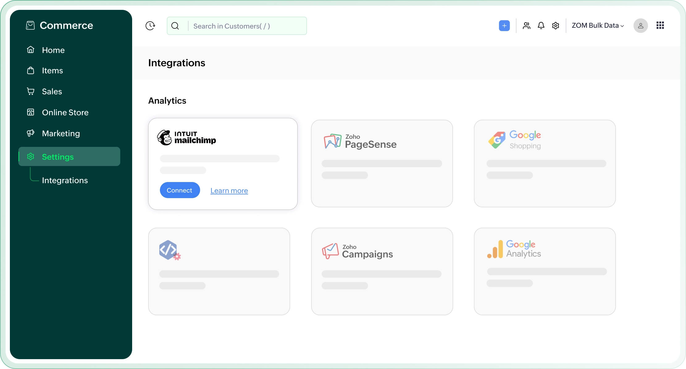 Zoho Commerce and Mailchimp integration dashboard