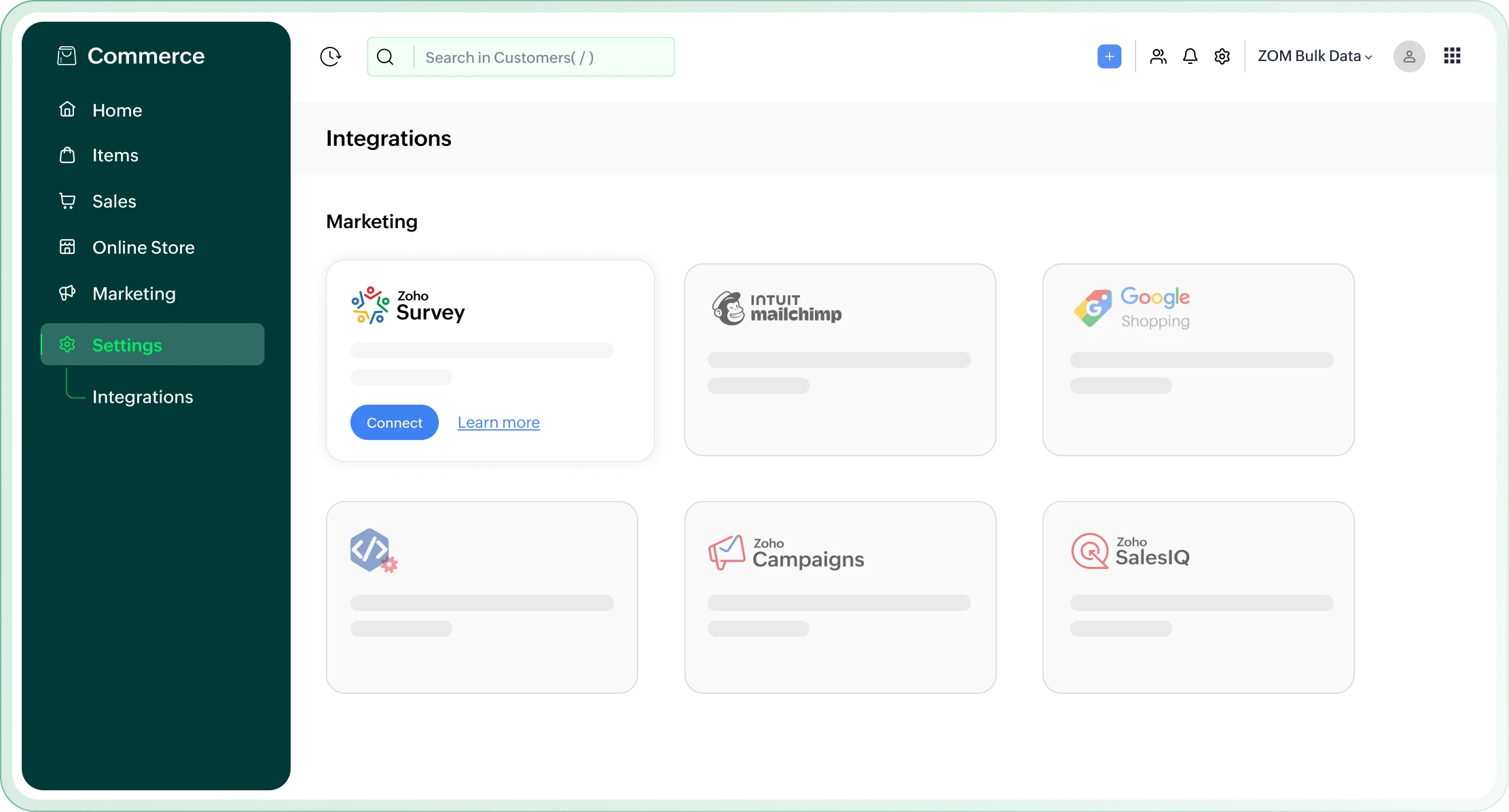 Zoho Commerce and Zoho Survey integration dashboard