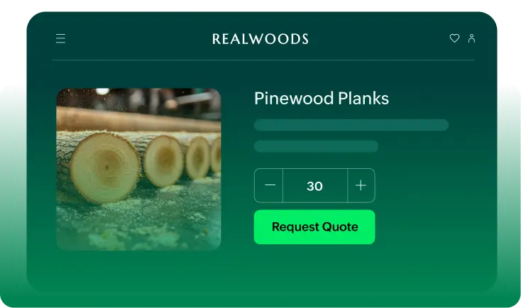 B2B product ordering interface with volume selector and request quote button