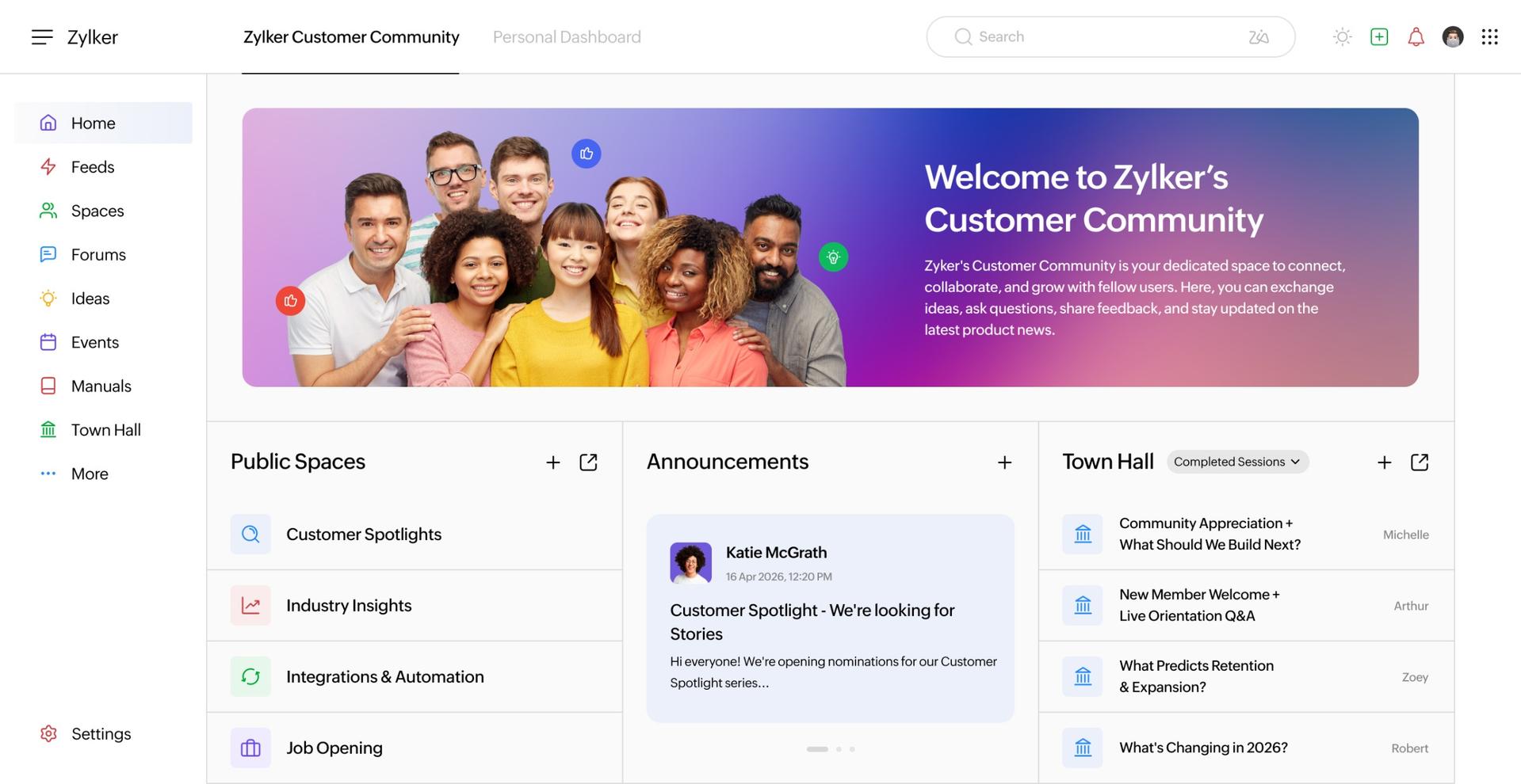 Zylker Customer Community dashboard with events and announcements