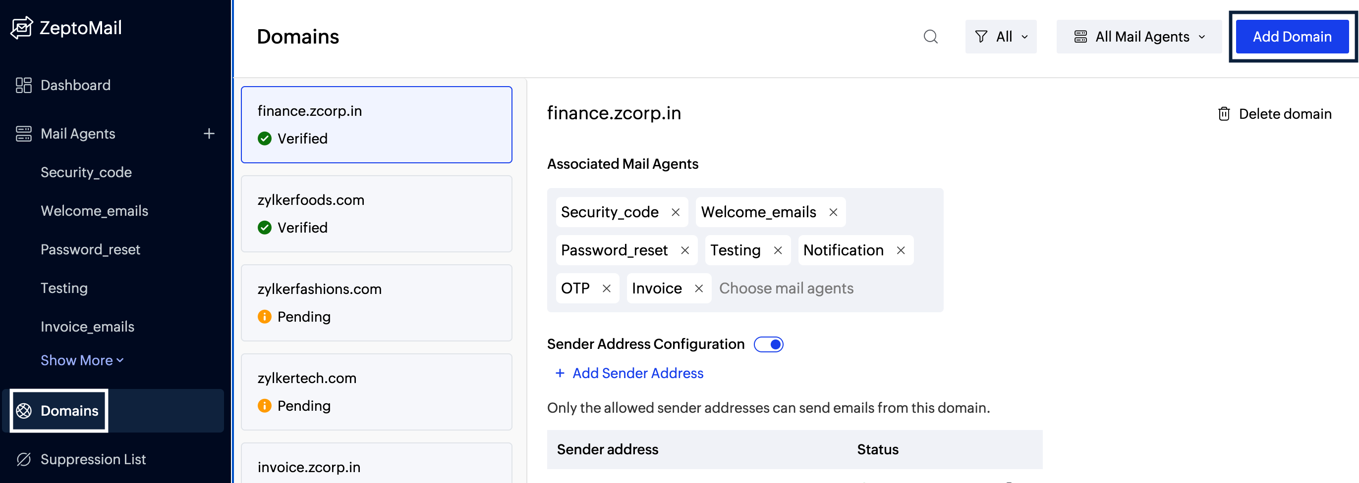 Add domain button in Zoho CPaaS Add domain button in Zoho CPaaS