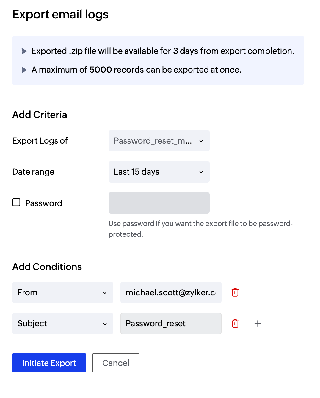 Export logs Export email logs dialog box