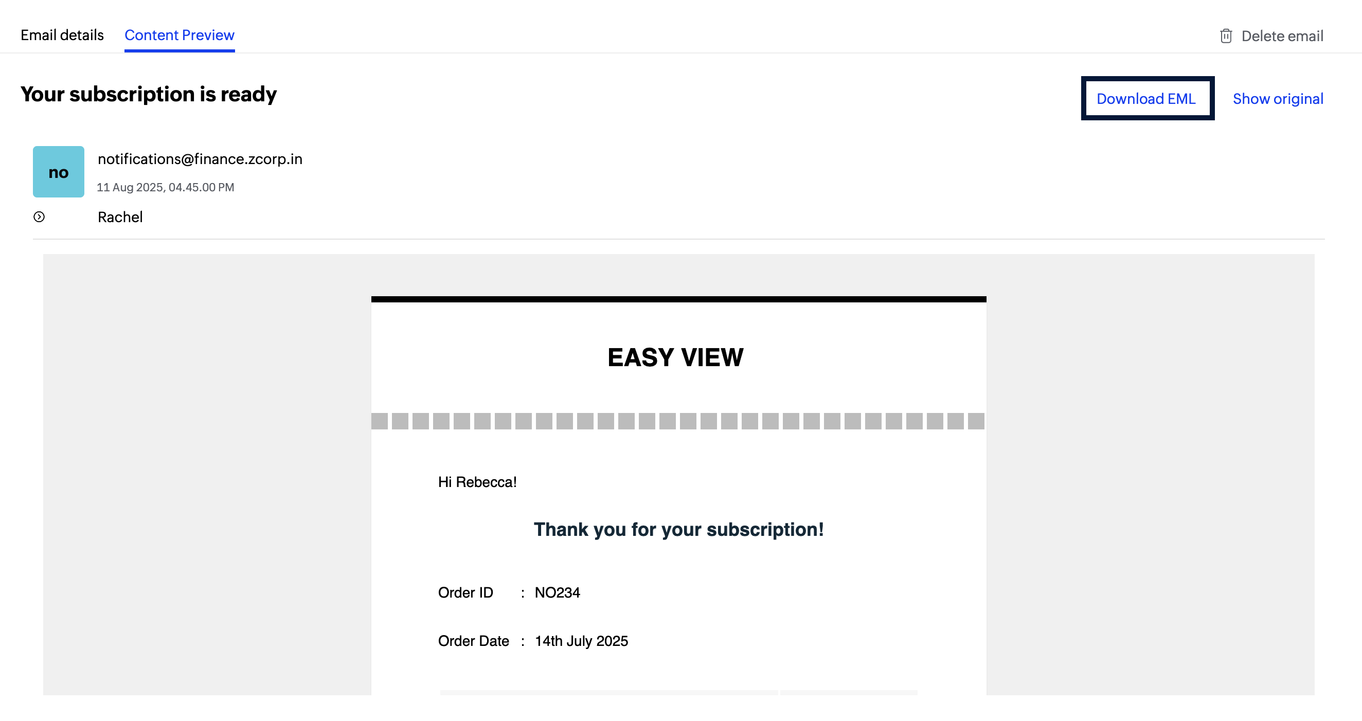 Download EML button Locates the download EML button