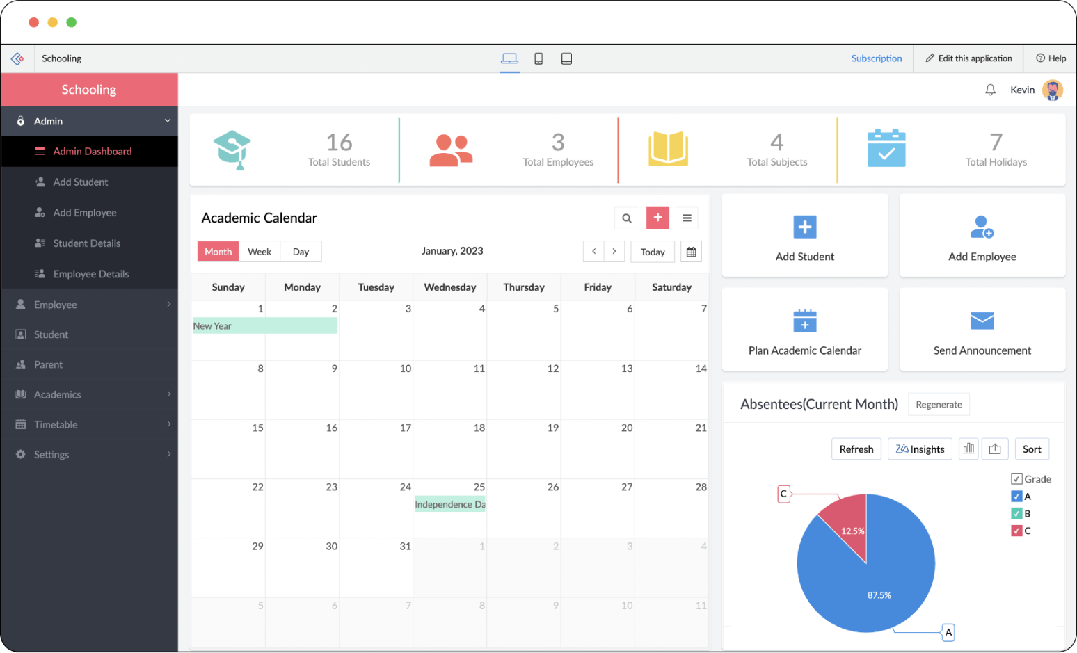A dashboard of a school management app