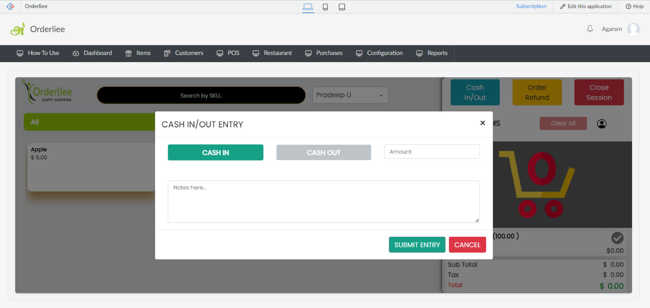 Orderliee cash in/out