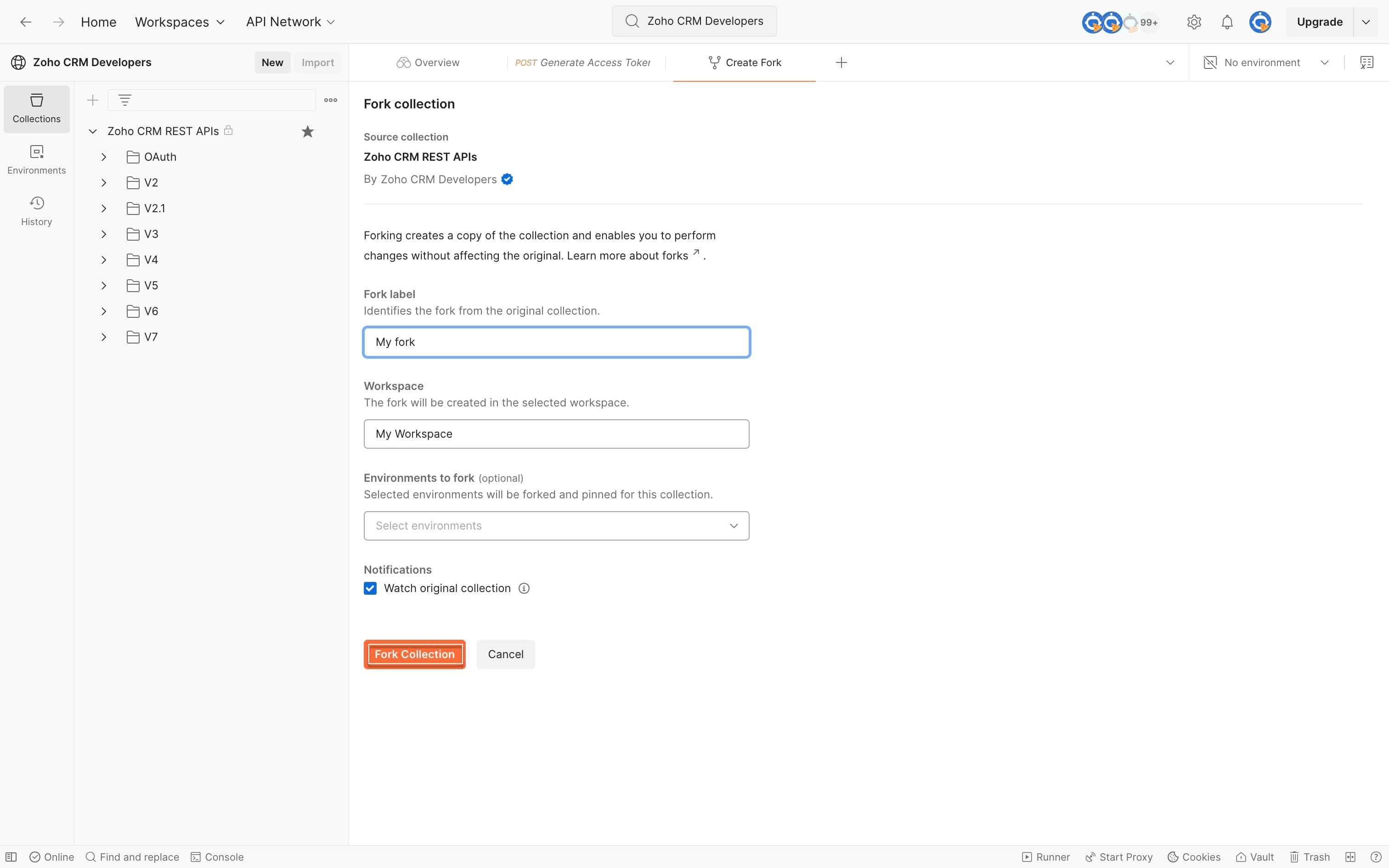 choose workspace and add the collection fork to it