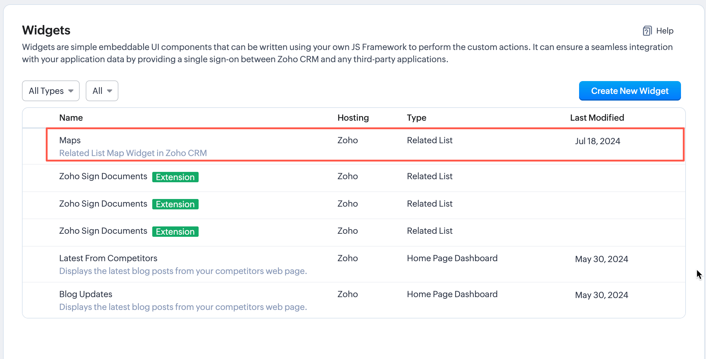Widget available in Developer Hub