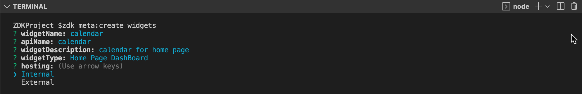 zdk meta:create widgets command executed in terminal : choice for hosting type