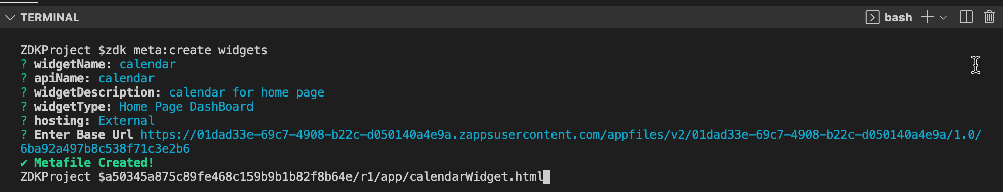 zdk meta:create widgets command executed in terminal