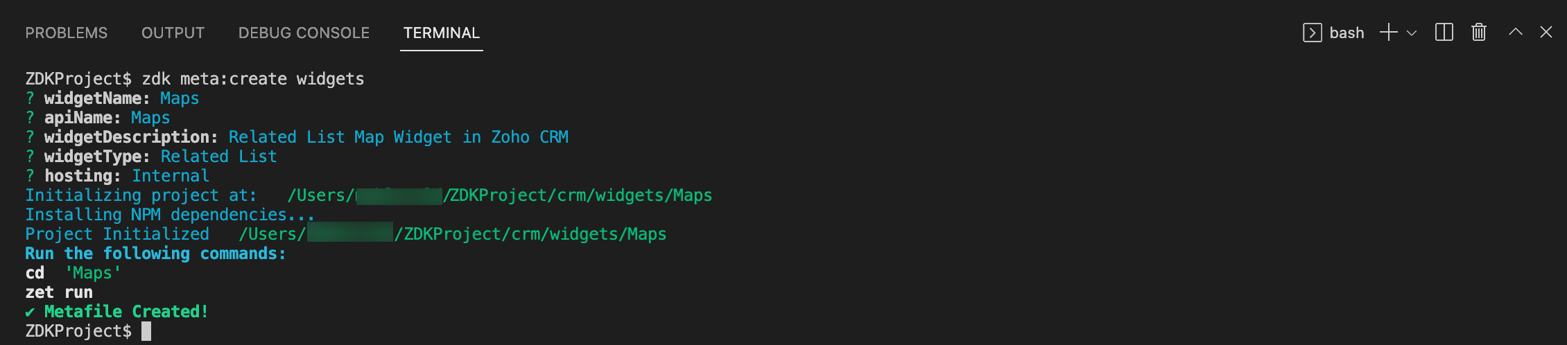 zdk meta:create widgets command executed in terminal : map widget