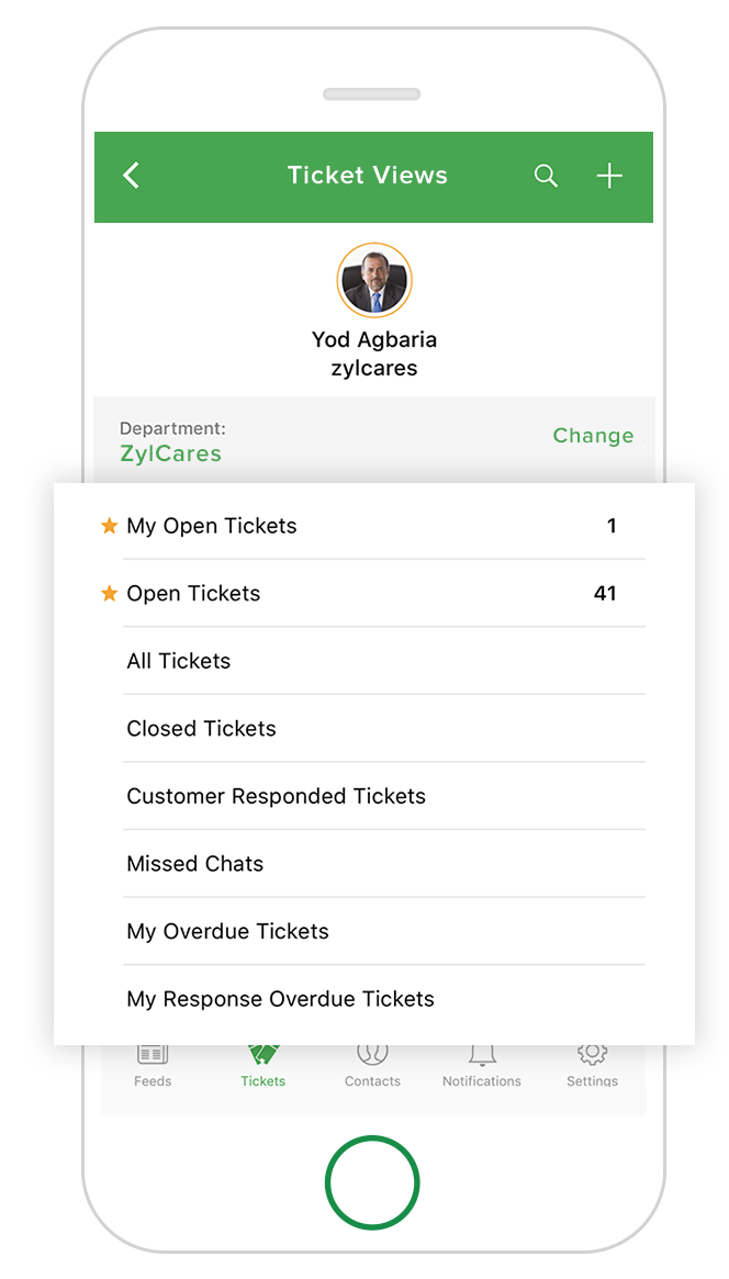 Tampilan terkonsolidasi aplikasi Zoho Desk Moble