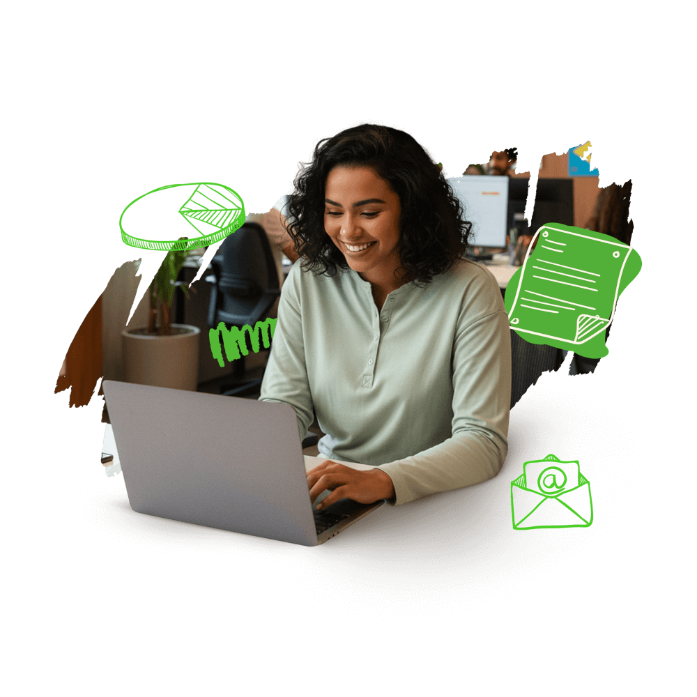 Mulher sorridente usando notebook, com ícones de gráfico e e-mail ao redor.