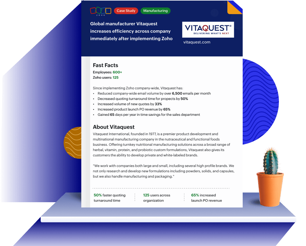 Zoho CRM helped Vitaquest's 600+ employees improve efficiency, accuracy, and speed across every department