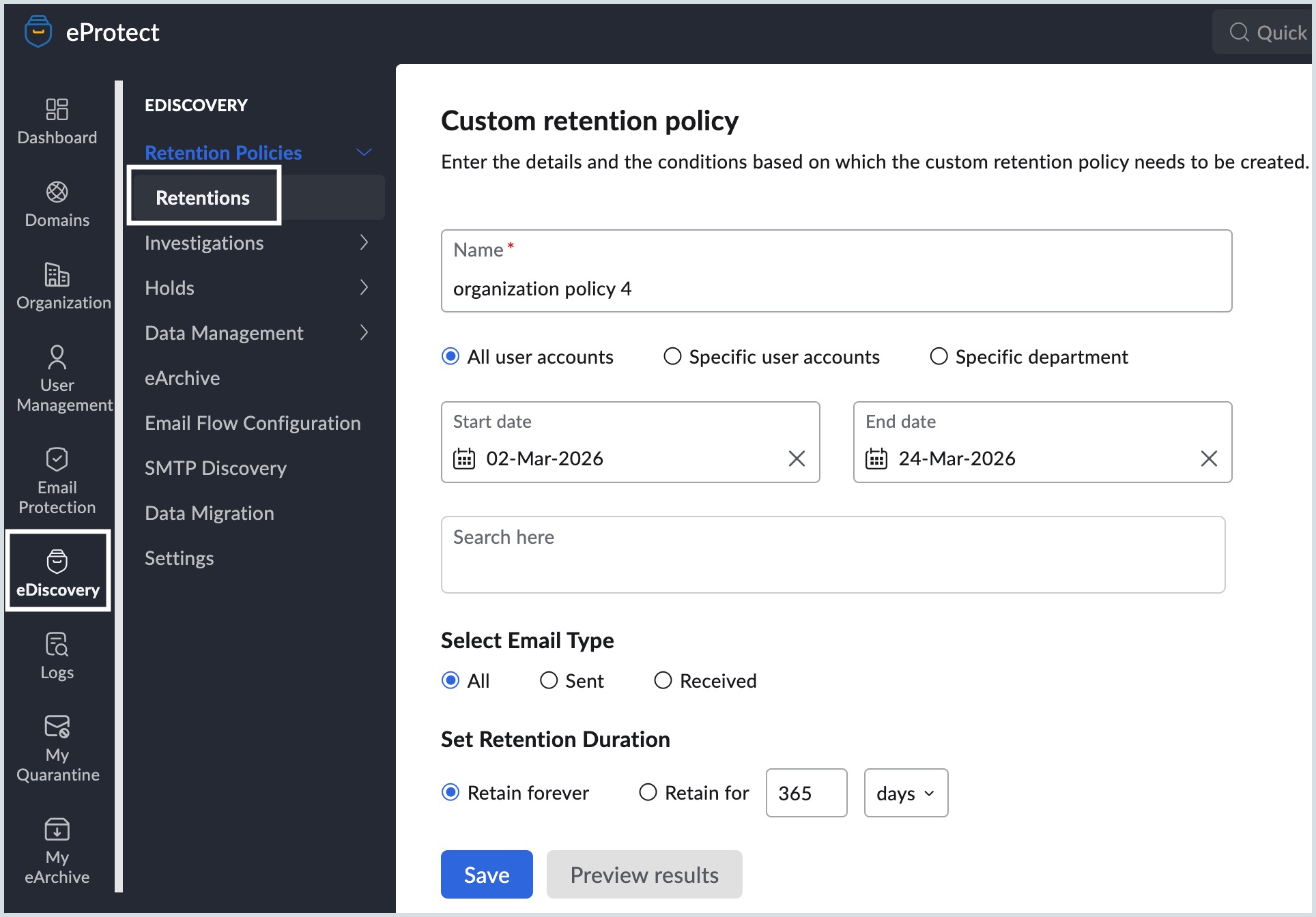 create new retention policy