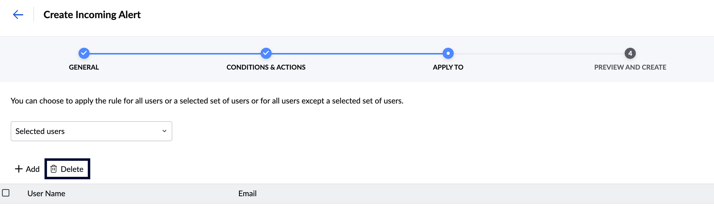 Delete a user from the alert