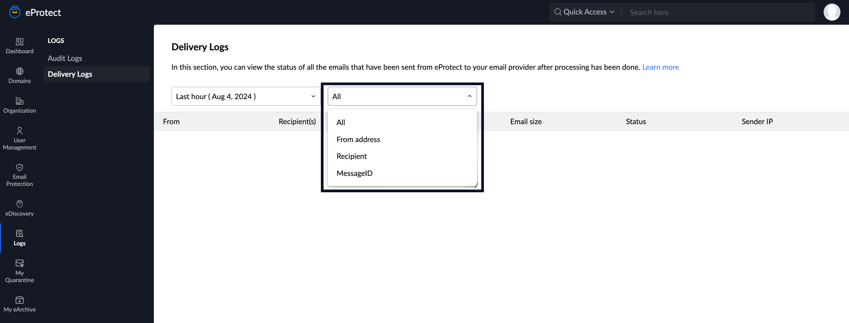 Filter Delivery Logs