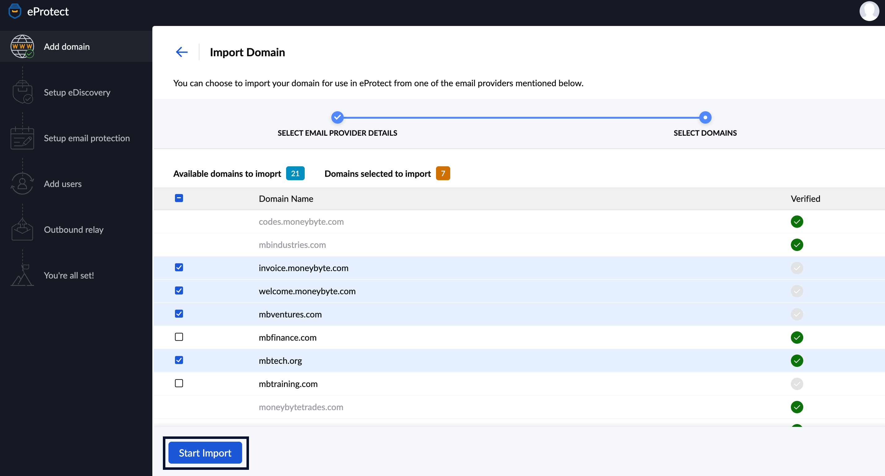 Select Domains to Import