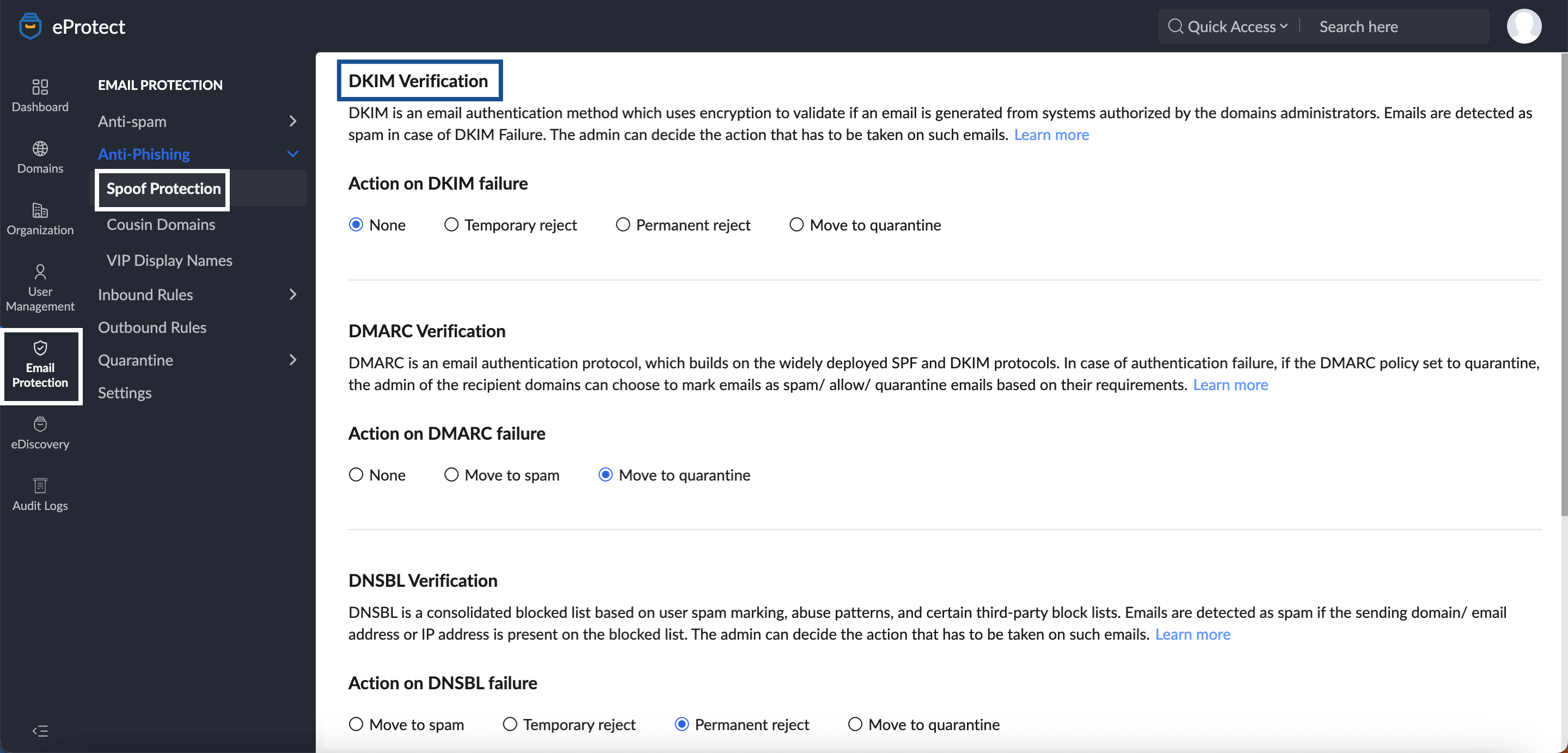 eProtect DKIM verification settings