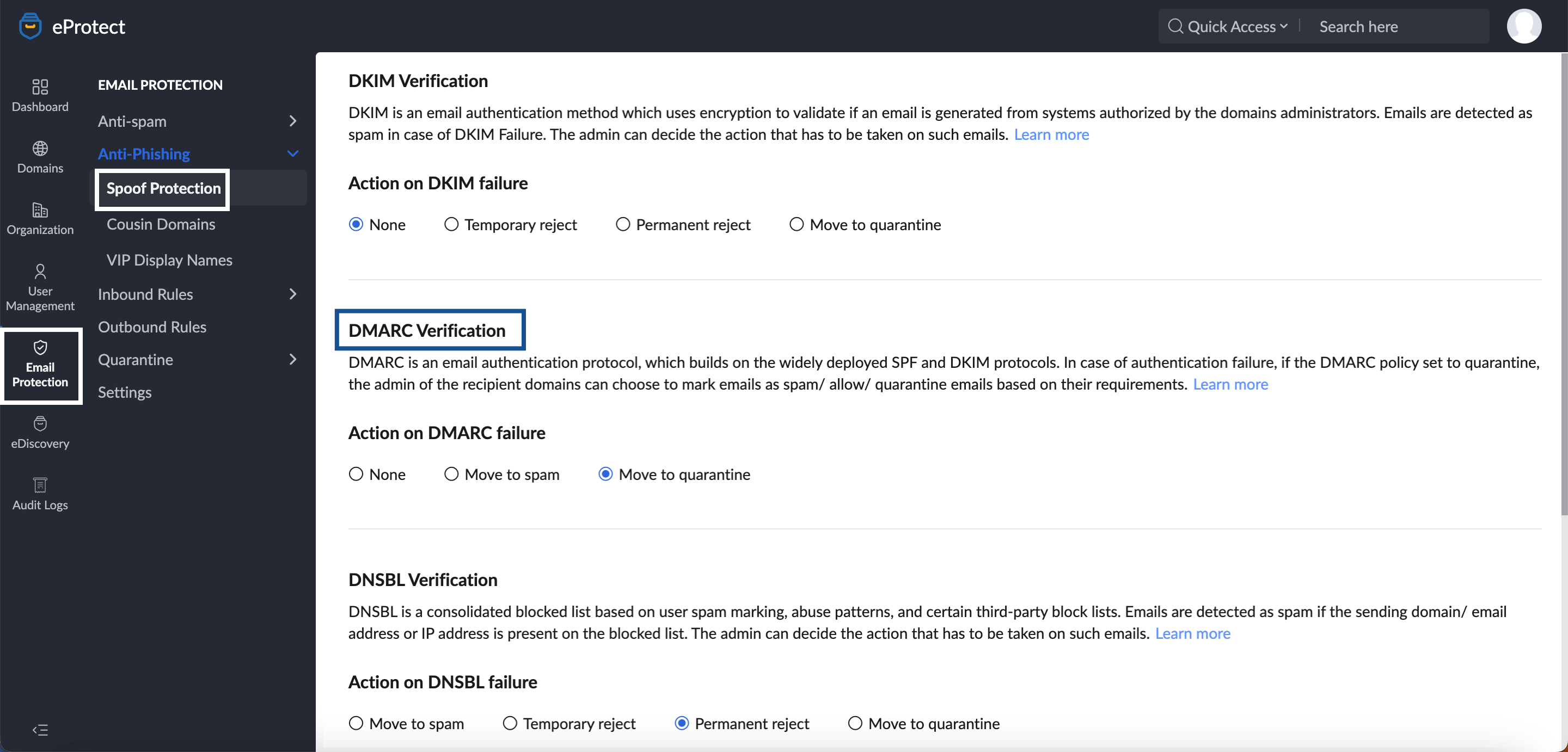 eProtect DMARC verification settings