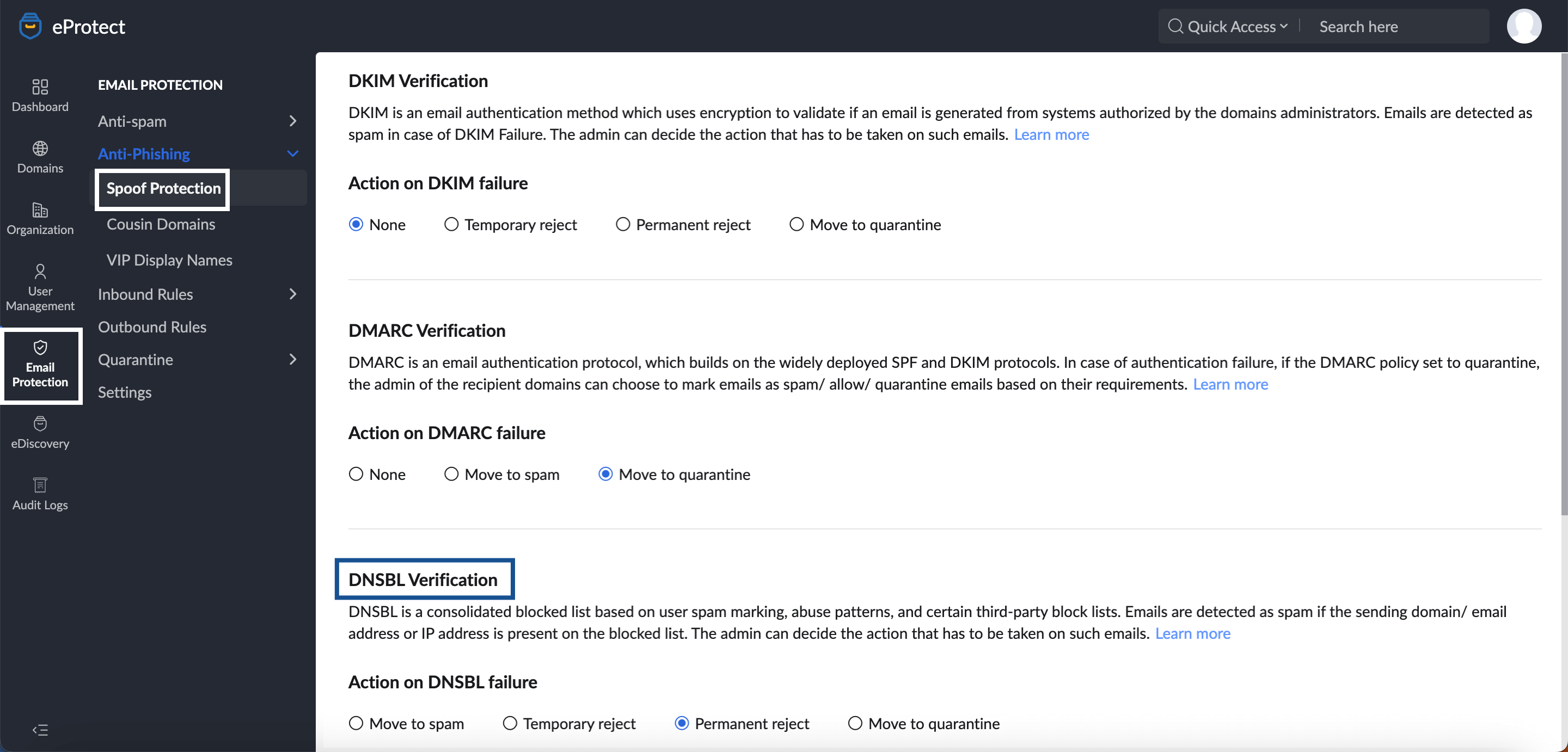 eProtect DNSBL verification settings