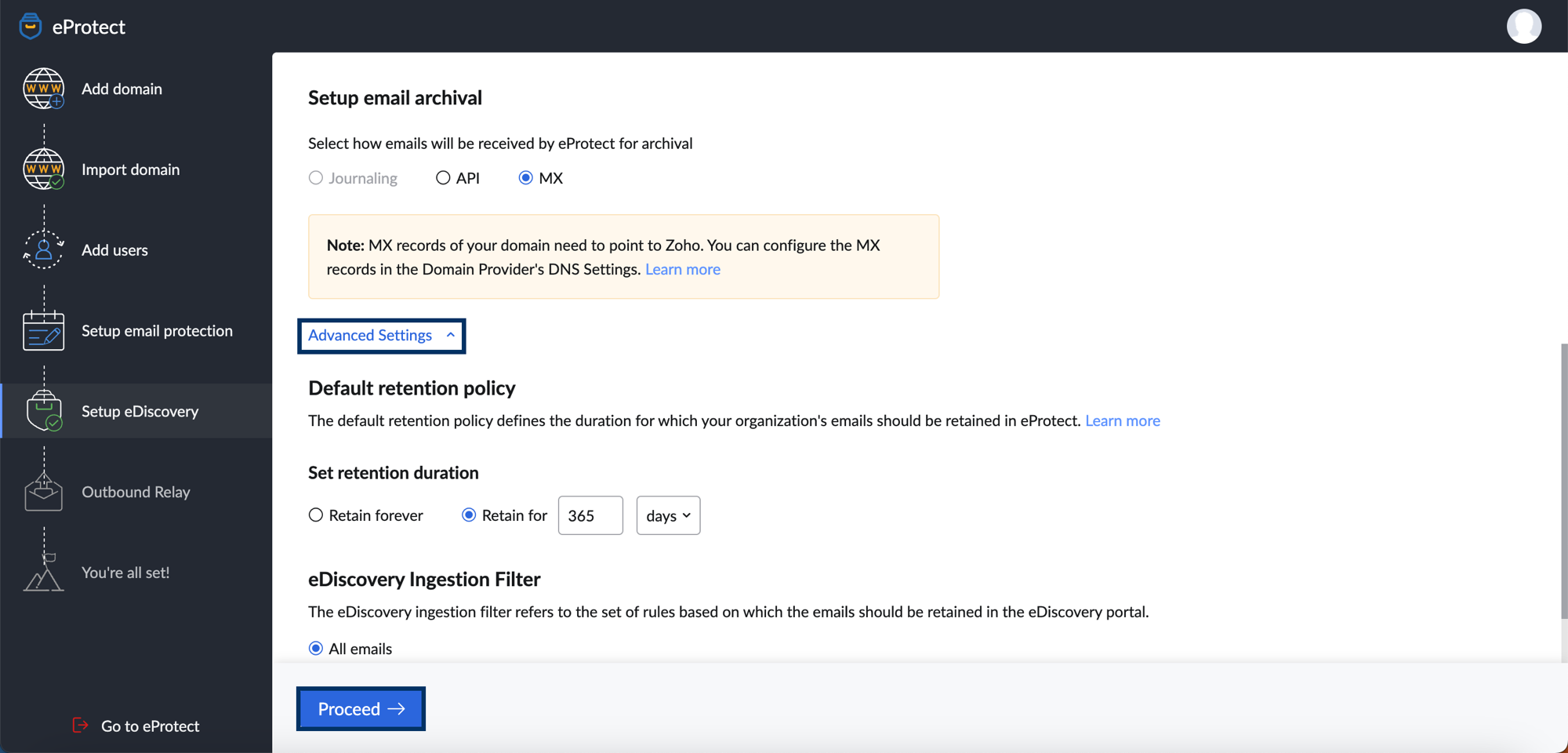 setup email archival in eProtect