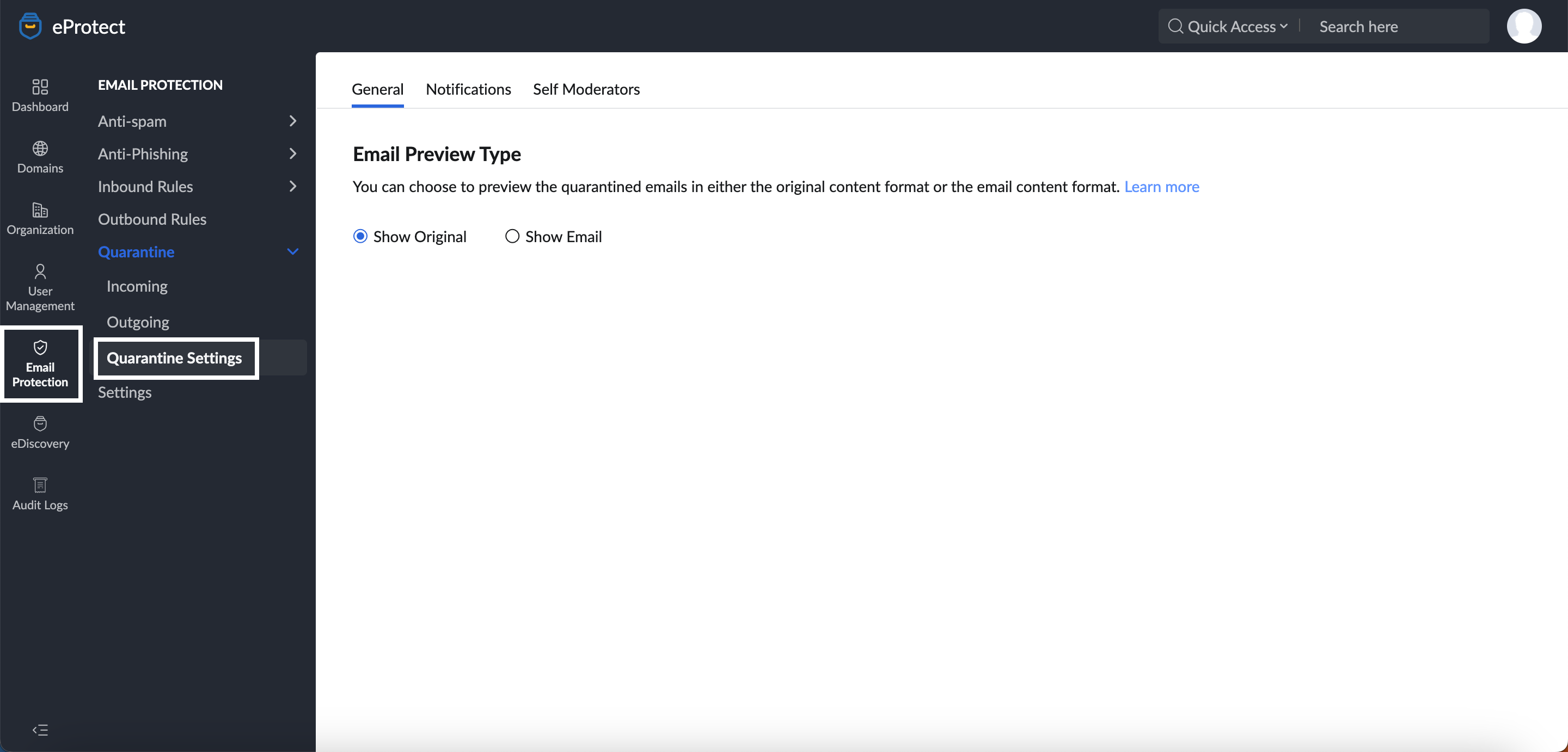 quarantine settings in eProtect