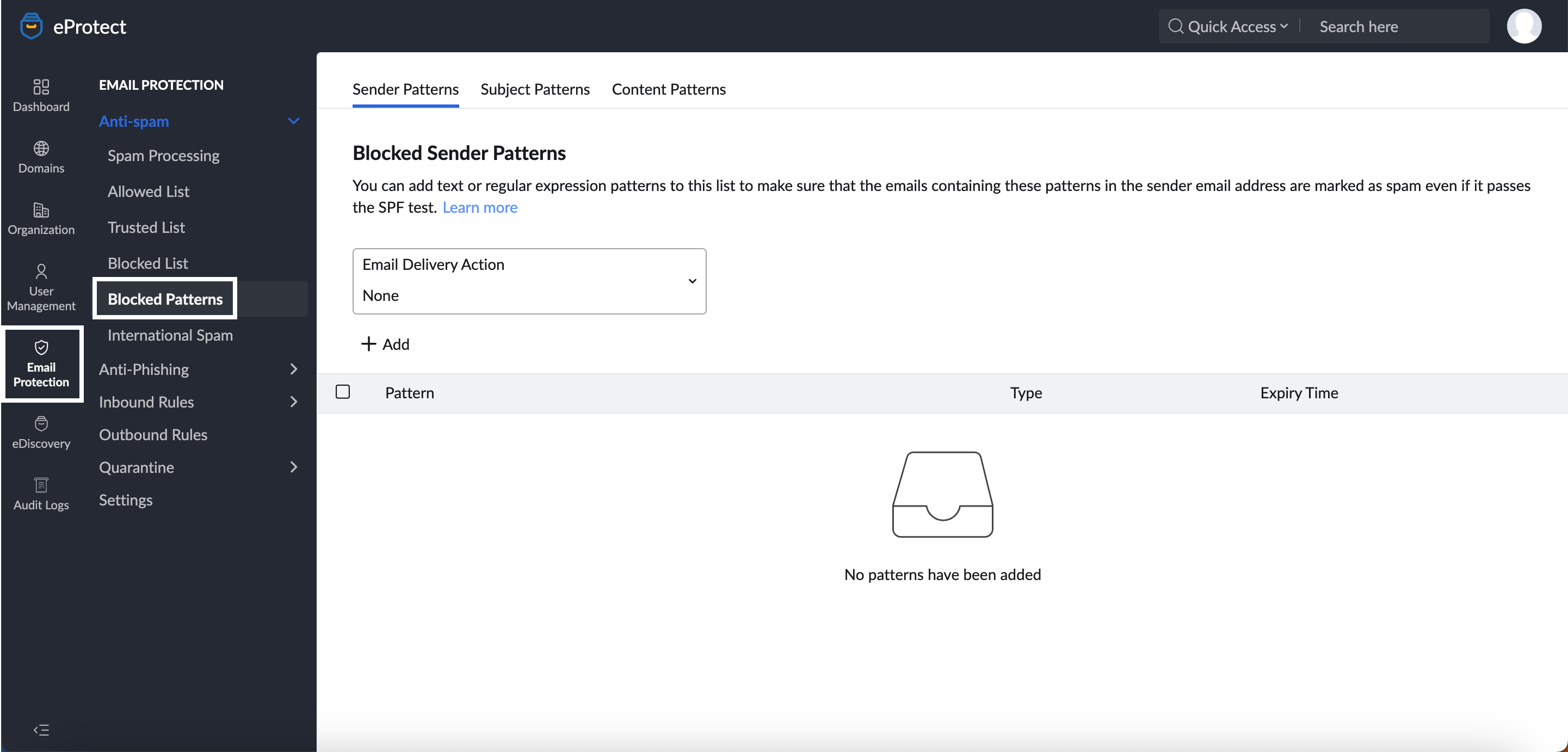 eProtect blocked sender patterns