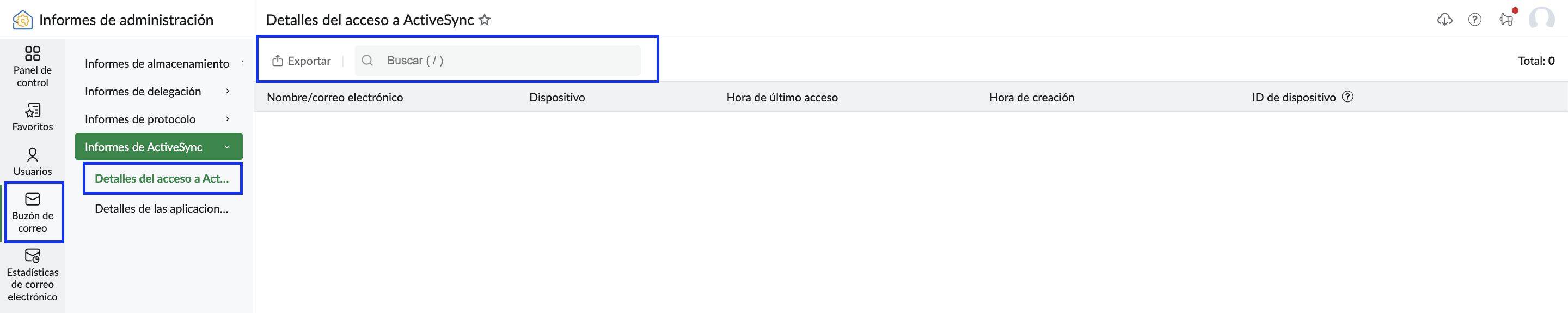 informe de acceso a activesync