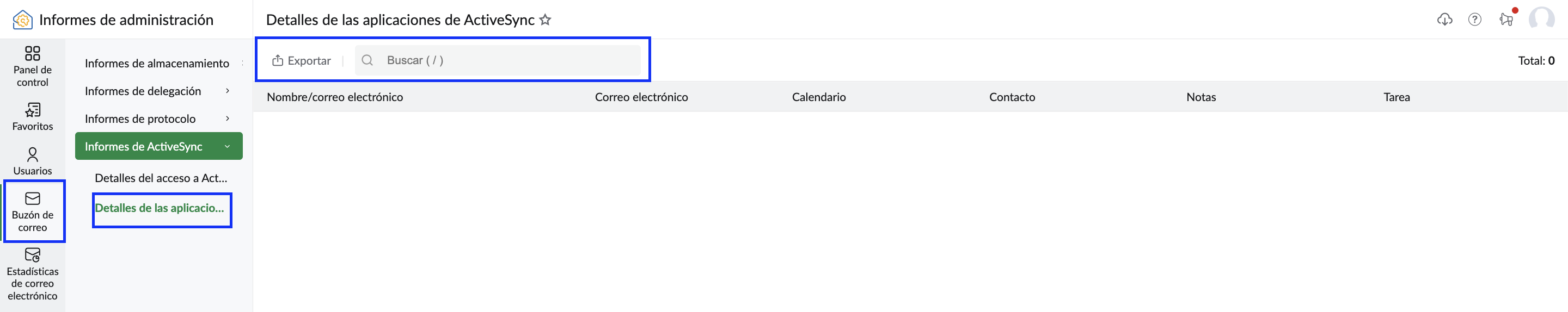 Informe de aplicaciones de ActiveSync