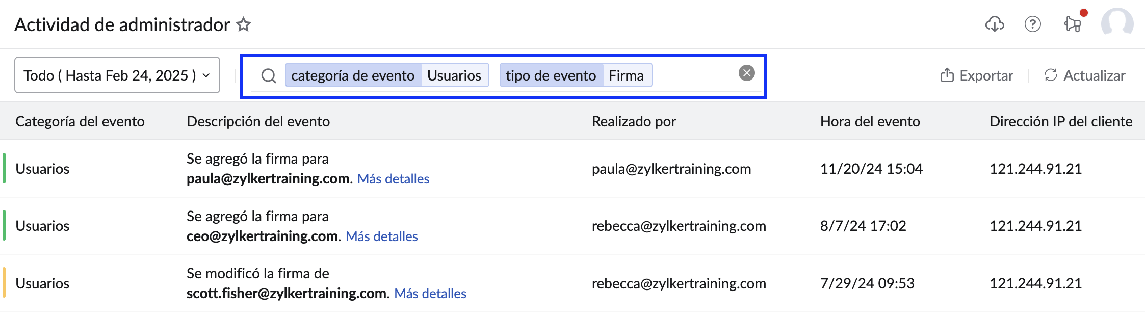 filtrar la actividad del administrador