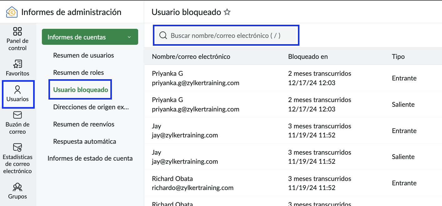 informe usuario bloqueado