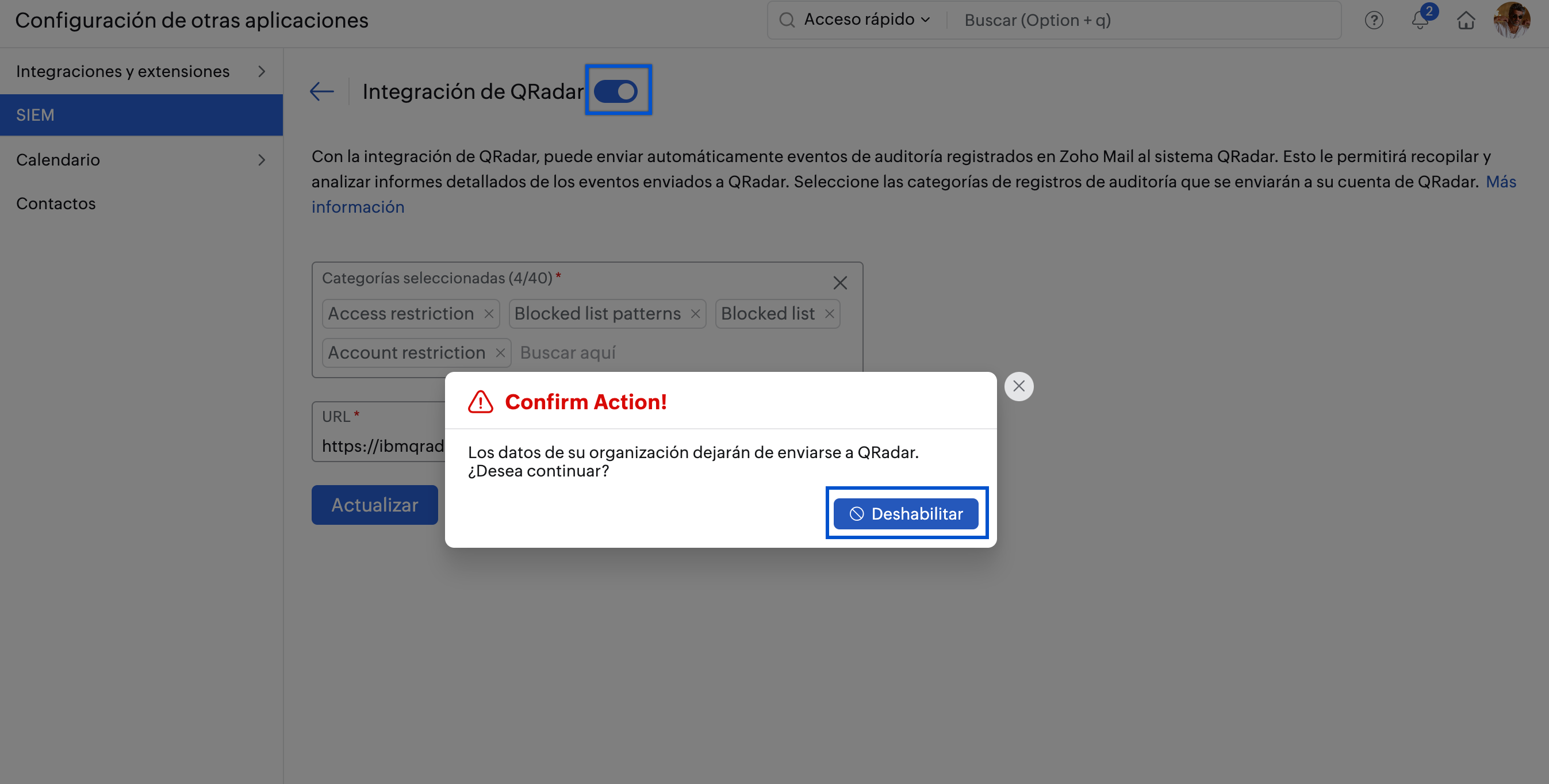 Desactivar la integración de Splunk en Zoho Mail