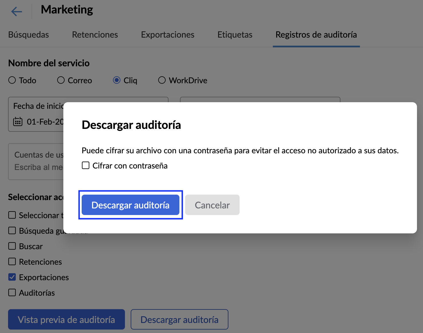 Descargar registros de auditoría de WorkDrive