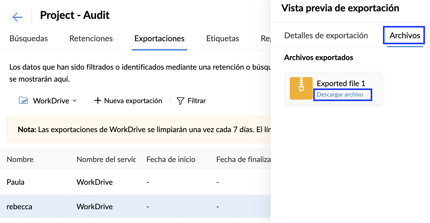 Descargar la exportación de WorkDrive