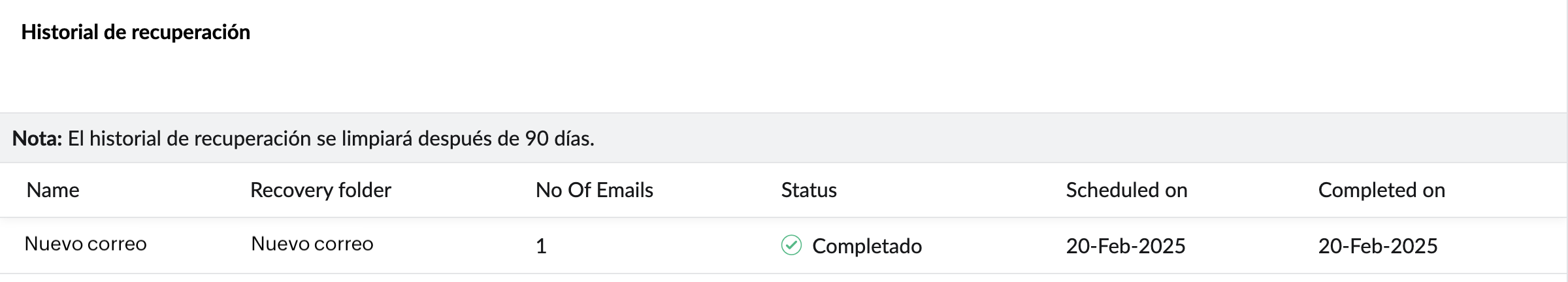 Historial de recuperación