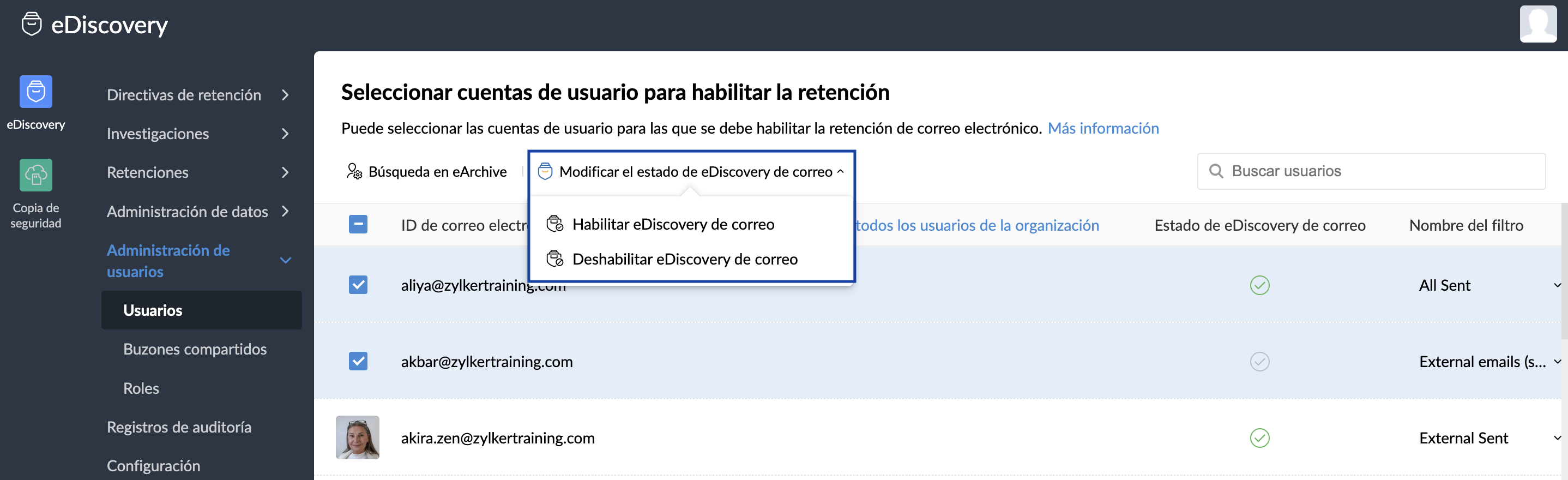 Habilitar eDiscovery para varios usuarios Habilitar eDiscovery para varios usuarios