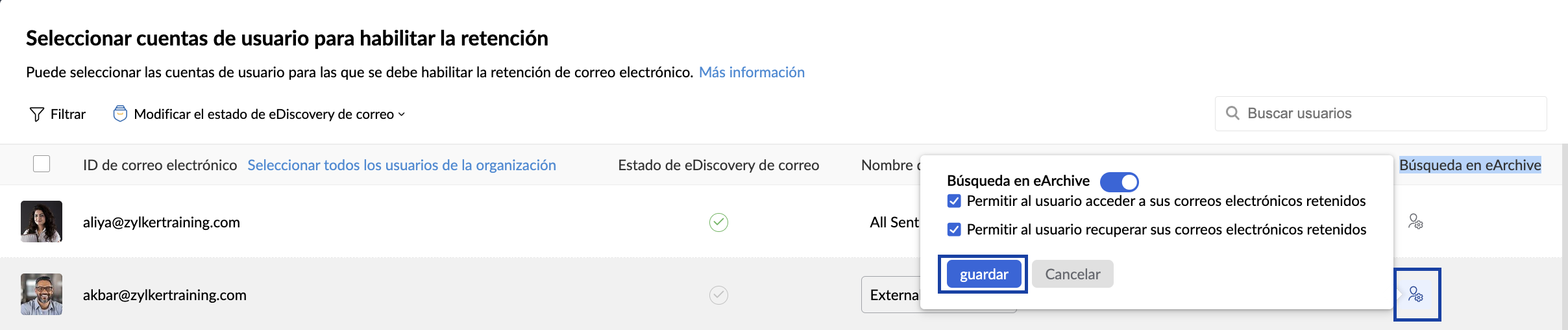 habilitar ediscovery para usuarios en el buzón