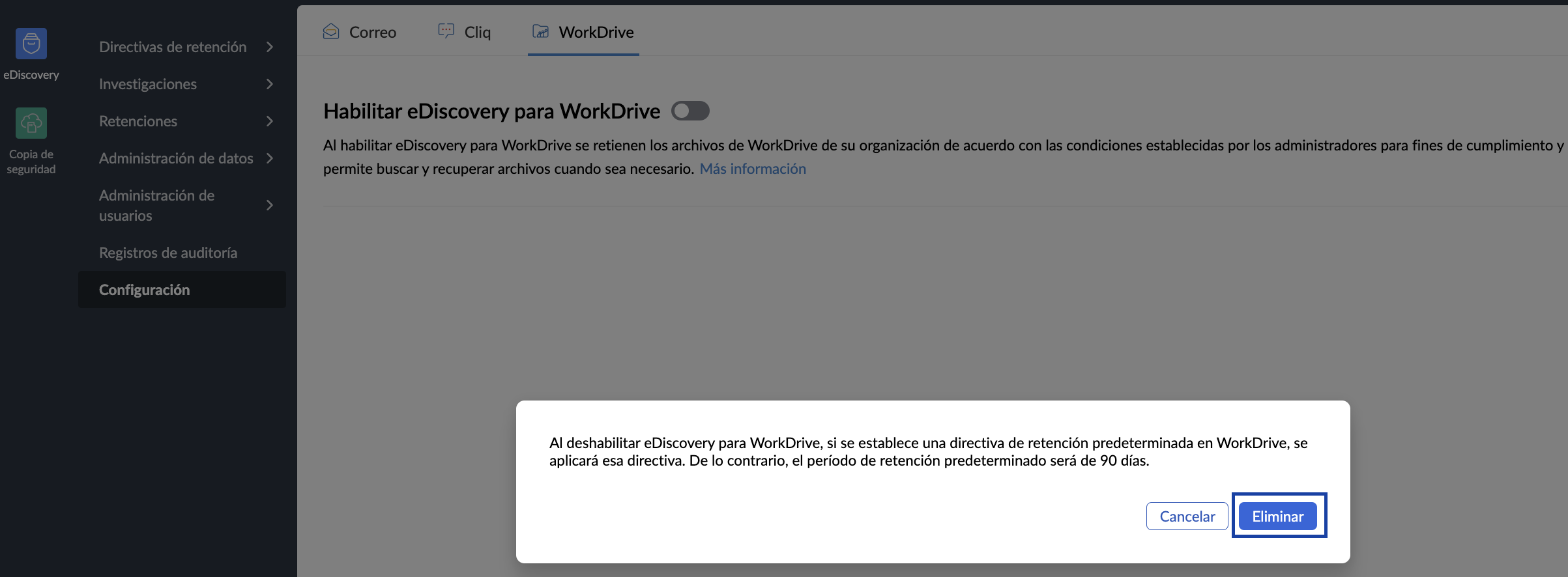 Configuración de eDiscovery en WorkDrive Configuración de eDiscovery en WorkDrive