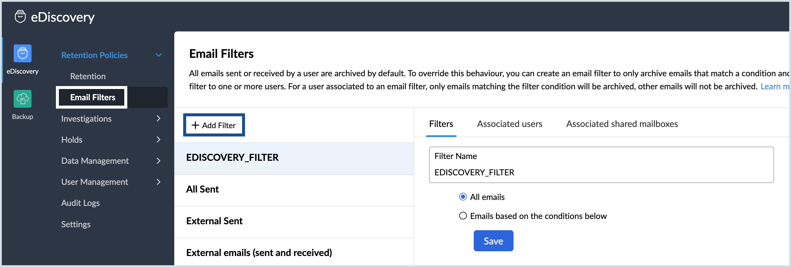 Filtro de correo electrónico de eDiscovery