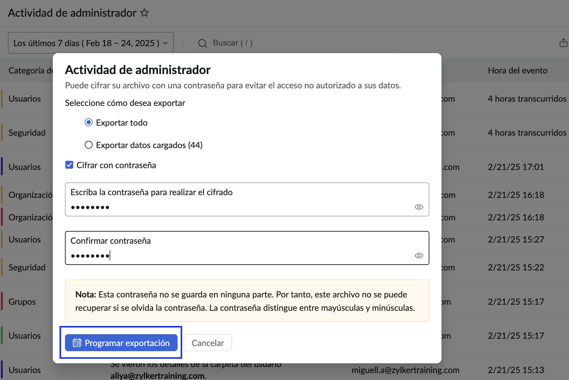 exportar informe de actividad del administrador