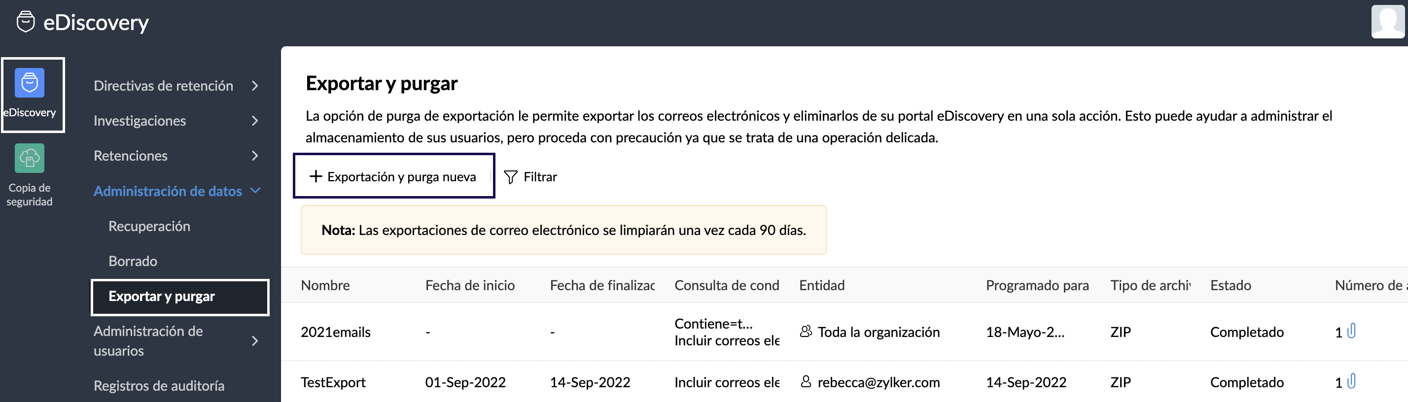 exportar y purgar correos electrónicos