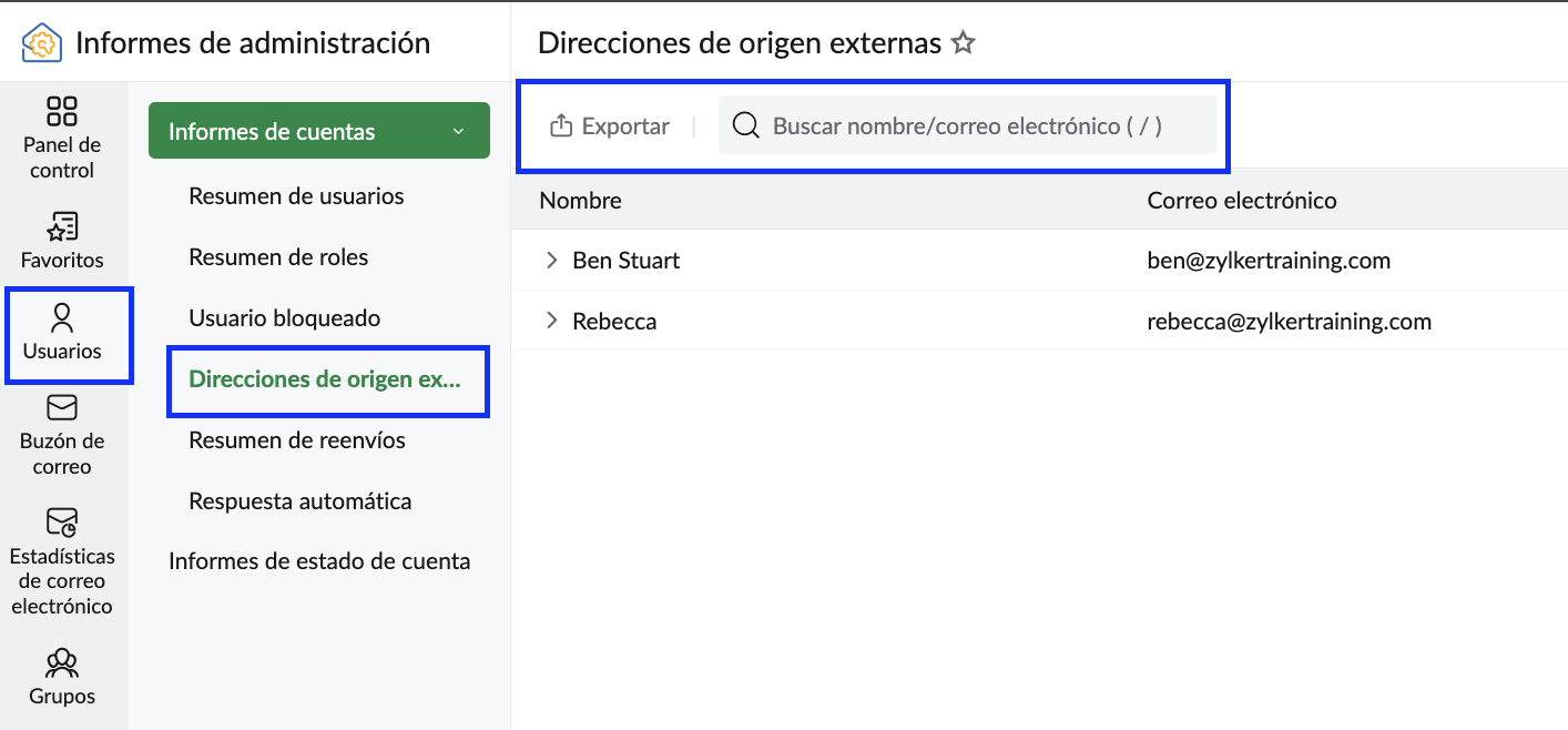 informes direcciones externas del remitente