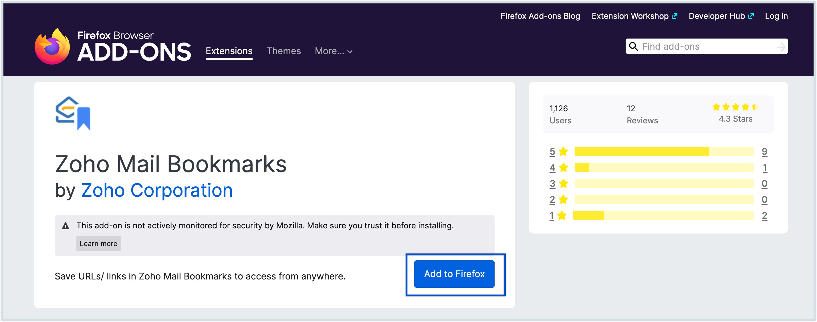 Extensión de Firefox para marcadores de Zoho Mail